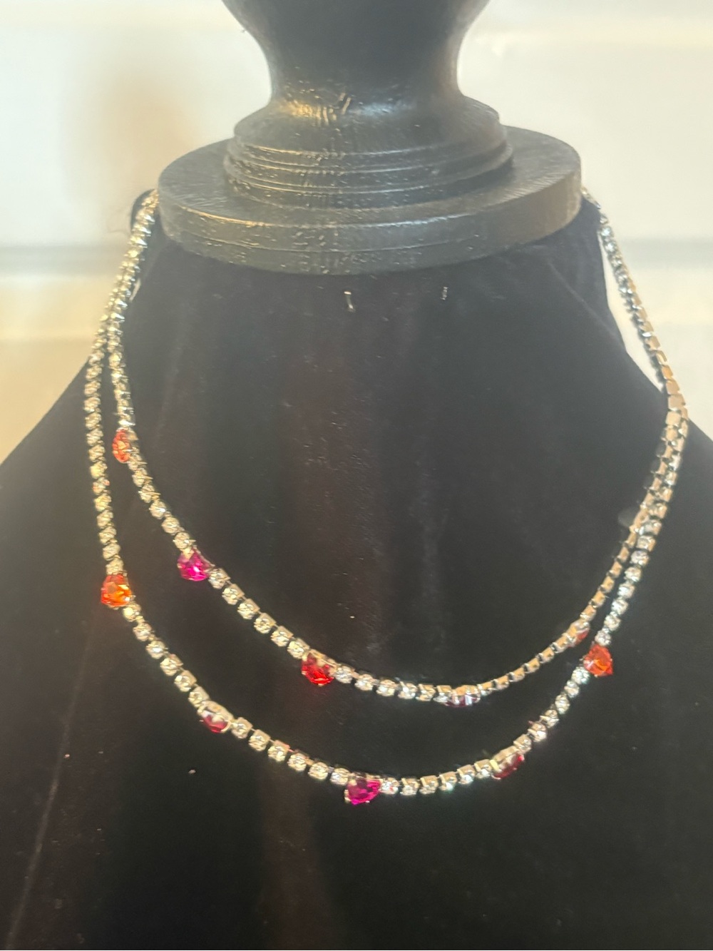Crystal Heart Tennis Necklace with Pink and Orange Accents